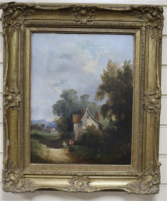 Attributed to Samuel David Colbert (1806-1862) oil on canvas, Figures resting by a cottage, 42 x 33cm